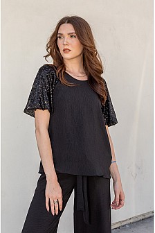 S/S TOP W/ SEQUINED SLEEVES