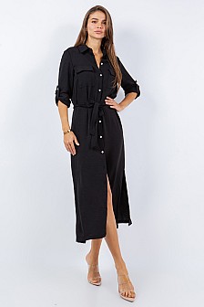 Regular Size, BUTTON DOWN DRESS WITH SLEEVE TABS