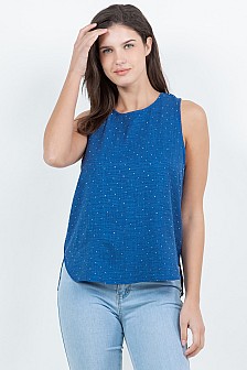 Rhinestone sleeveless tank top with back button closure