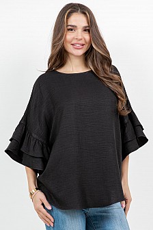 Round neck top with ruffle sleeves