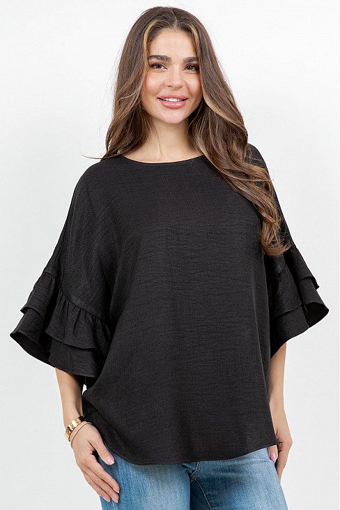 ROUND NECK TOP W/ DOUBLE RUFFLE SLEEVES