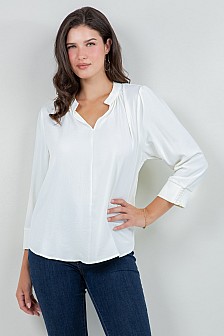 BAND COLLAR BLOUSE WITH SMOCKED SLEEVES