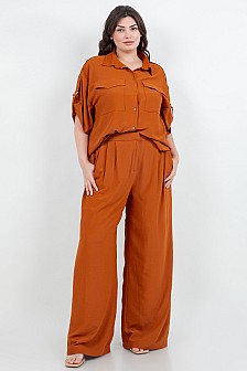long wide leg pants with zipper and clip closure