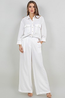 long wide leg pants with zipper and clip closure